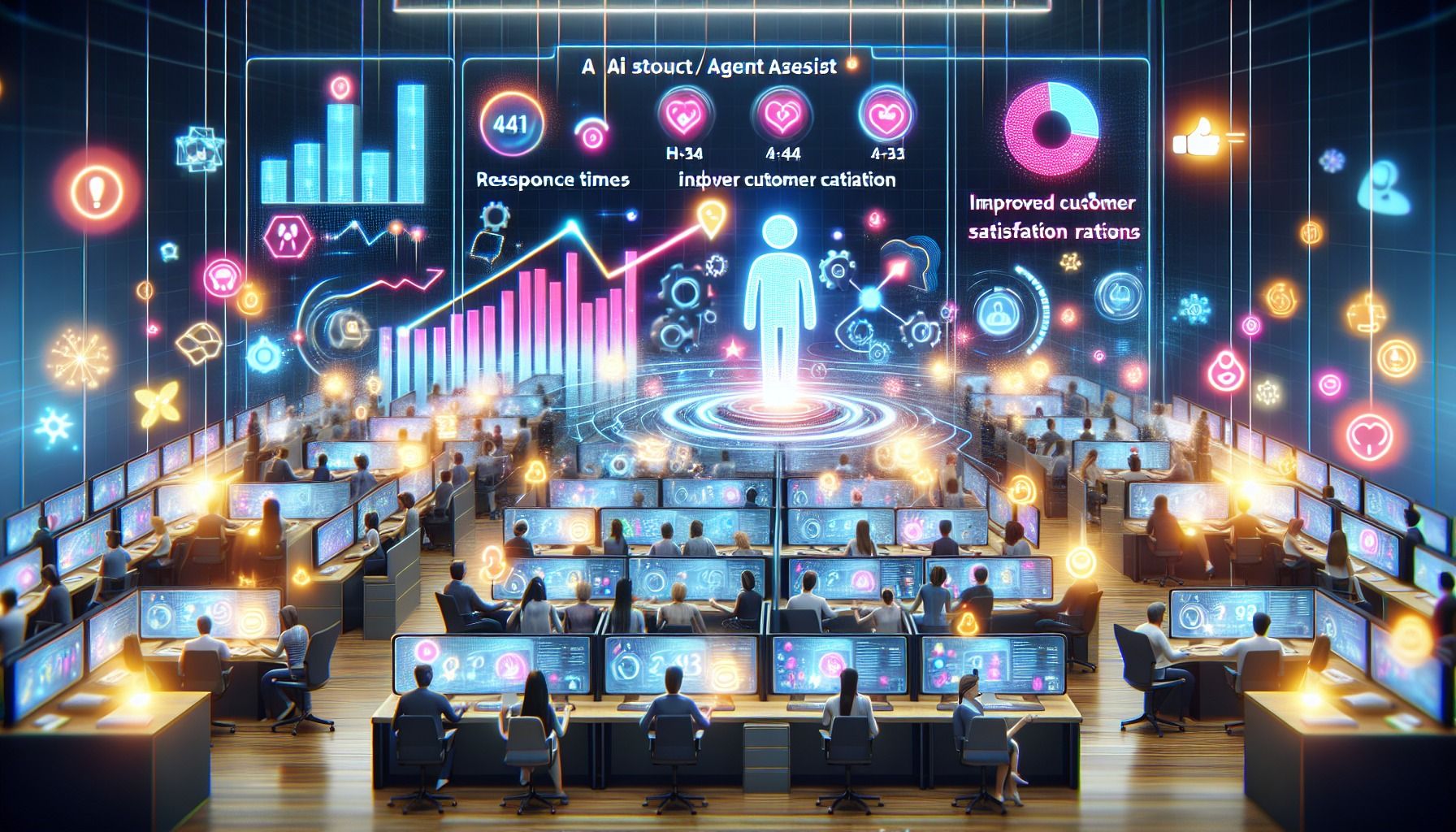 An illustration of a case study showcasing NiCE Ltd.'s AI agent assist solutions in customer service.