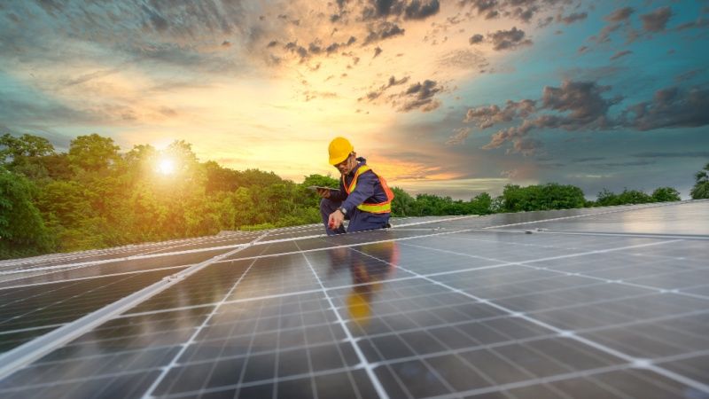 A power plant engineer inspecting solar panels.